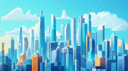 A Vibrant Cityscape Under a Sunny Sky With Fluffy Clouds