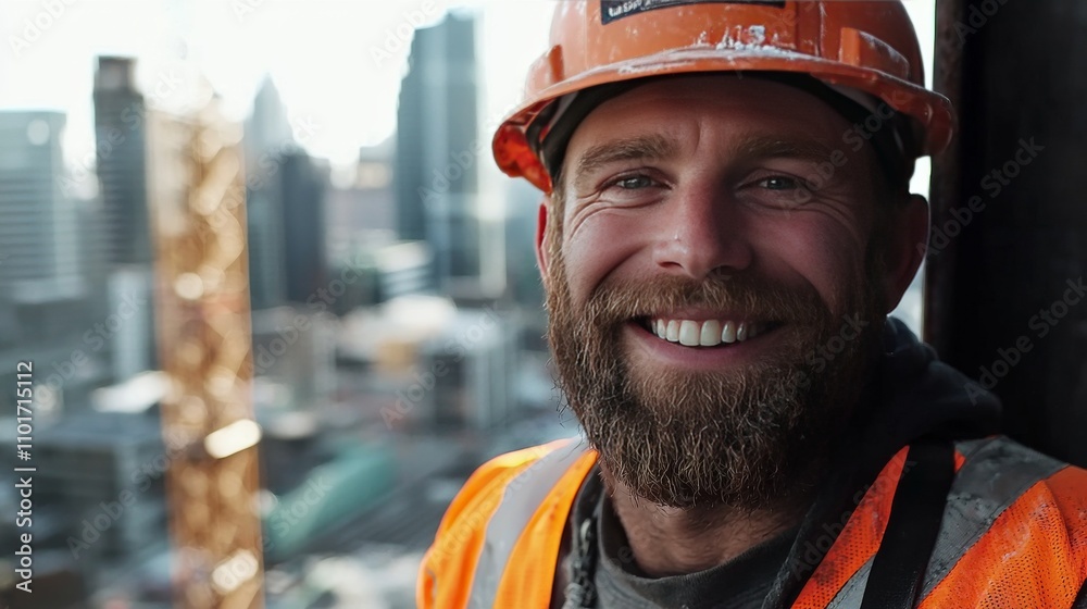 Portrait of a smiling construction worker wearing an orange helmet and safety vest, with a blurred urban skyline in the background Portrait of a smiling construction worker wearing an orange helmet and safety vest, with a blurred urban skyline in the background
