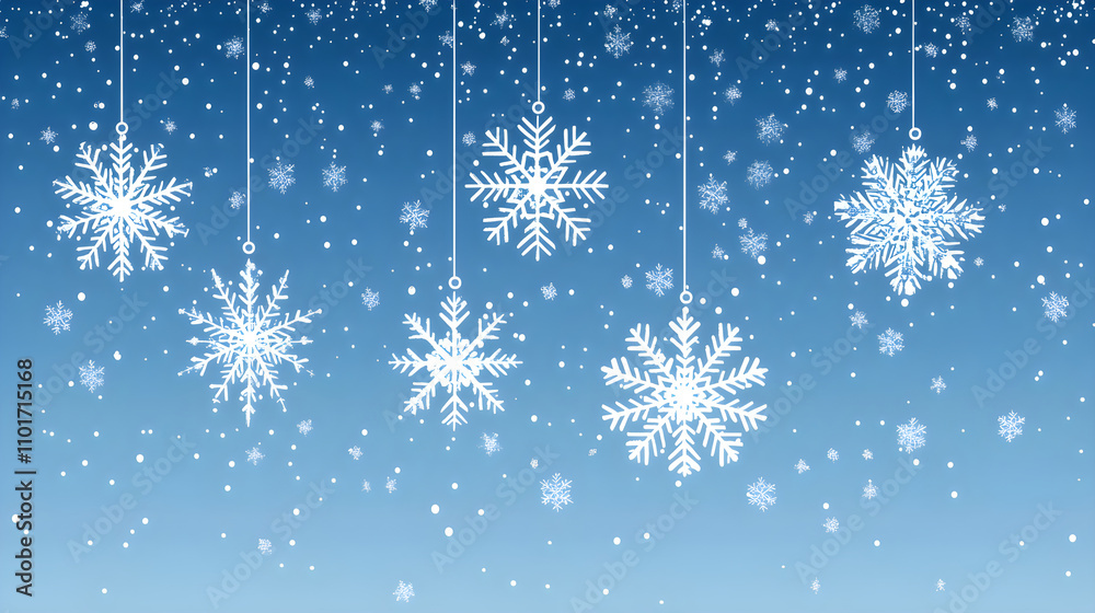 Winter card with white frosty snowflake on blue background. Magical macro snow backdrop. Holiday celebration greeting card for Christmas New Year. Xmas banner. Winter season concept.