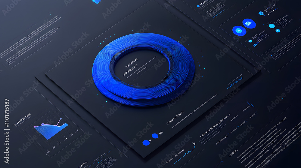 Fototapeta premium Intelligent Systems Efficiency Background: Blue 3D Curved Rings with Central Information Hub and Interactive Elements.