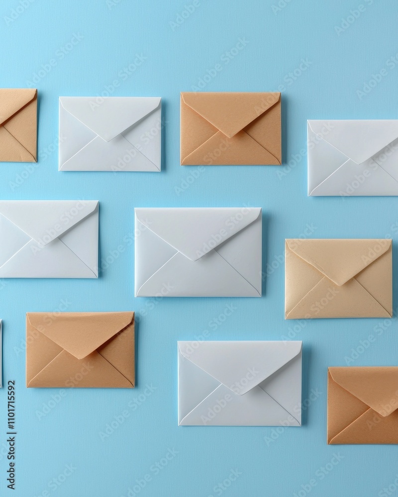 A flat lay of various envelopes in white and brown colors arranged on a blue background, showcasing a minimalist and organized aesthetic. A flat lay of various envelopes in white and brown colors arranged on a blue background, showcasing a minimalist and organized aesthetic.