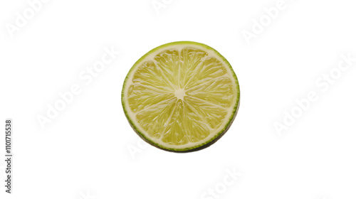 A single, perfectly ripe, green lime, cut in half to reveal its juicy interior, isolated on a white background.