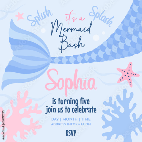 Birthday party intitation card with cute mermaid illustration. Template Birthday party invitation with time and place in marine style. Splish splash, it's a mermaid bash.