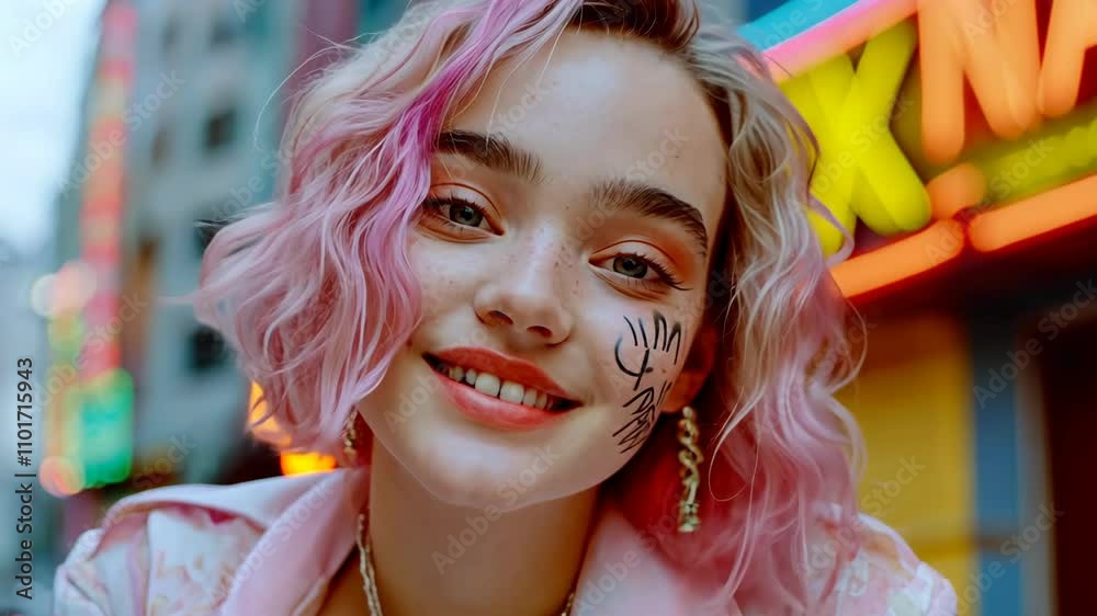 Young woman with pink hair and artistic face paint smiles in vibrant urban setting during late afternoon Young woman with pink hair and artistic face paint smiles in vibrant urban setting during late afternoon