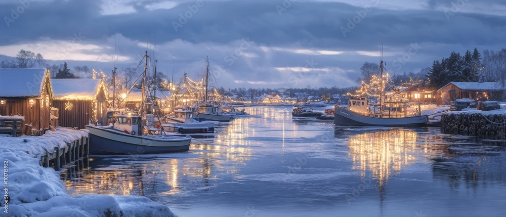 Serene Winter Harbor Scene with Snow-Covered Boats, Illuminated Docks, and Reflections on Calm Water During a Tranquil Evening in a Picturesque Coastal Village Serene Winter Harbor Scene with Snow-Covered Boats, Illuminated Docks, and Reflections on Calm Water During a Tranquil Evening in a Picturesque Coastal Village