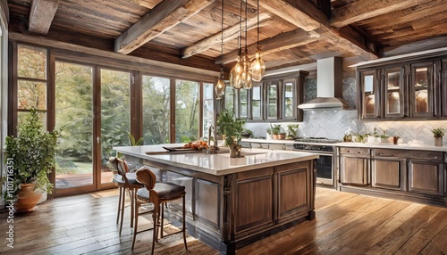 Elegant traditional kitchen in a stunning new luxury home featuring hardwood floors, rustic wood beams, a spacious layout, and high-end finishes for timeless charm and modern comfort.