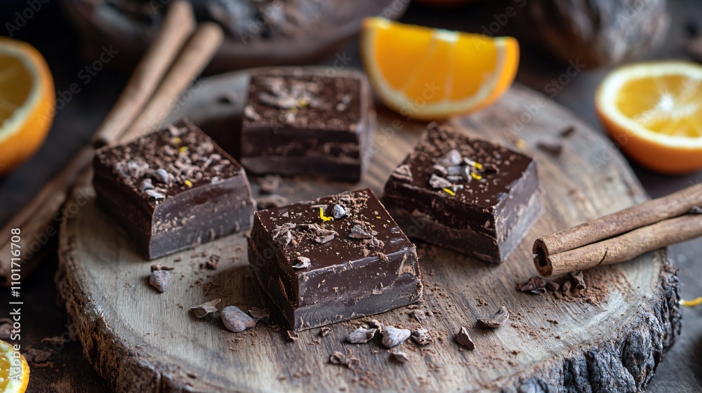 A rustic flat lay of cacao beans and chocolate squares on a wooden board, styled with cinnamon sticks and orange zest A rustic flat lay of cacao beans and chocolate squares on a wooden board, styled with cinnamon sticks and orange zest