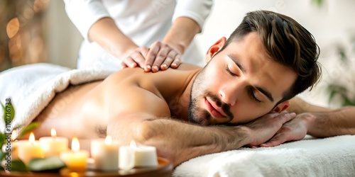 Close Up Portrait of Man Enjoying Aromatherapy Massage in Spa Setting with Perfect Copy Space