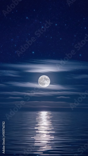 Full moon reflecting on calm ocean under a starry sky