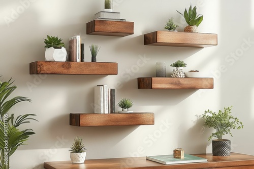 Five wooden shelves, plants, books, dÃ©cor. photo