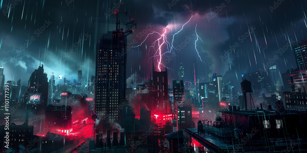 Naklejka premium Futuristic cityscape with neon lights during a thunderstorm at night.