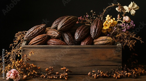 A rustic wooden crate filled with cacao beans and cocoa pods, surrounded by dried flowers and twigs photo