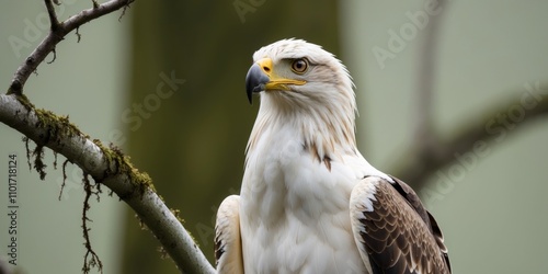 A close up of an eagle perched on a tree branch. photo