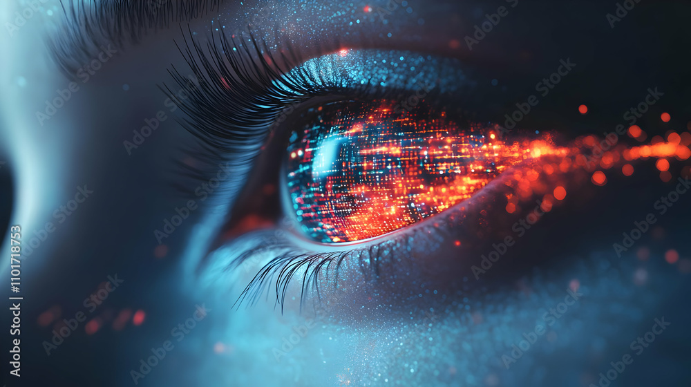 Cybernetic Eye with Data Streams and Bokeh Lights for Science Fiction Day Concept Cybernetic Eye with Data Streams and Bokeh Lights for Science Fiction Day Concept
