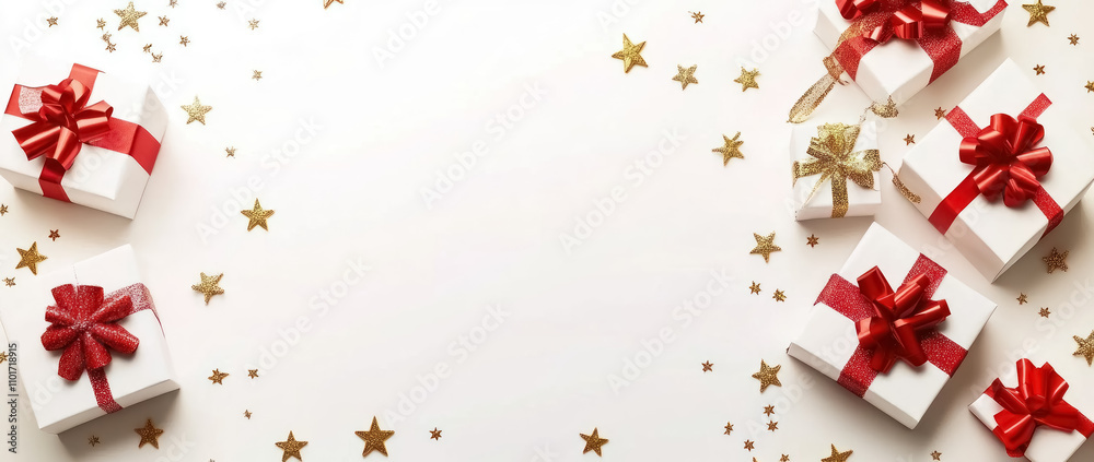 christmas gifts and golden stars on white background