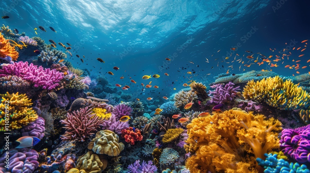 Naklejka premium A beautiful landscape of a coral reef, teeming with marine life and color