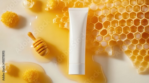 White blank cosmetic tube Set on milk with honey from honeycomb
