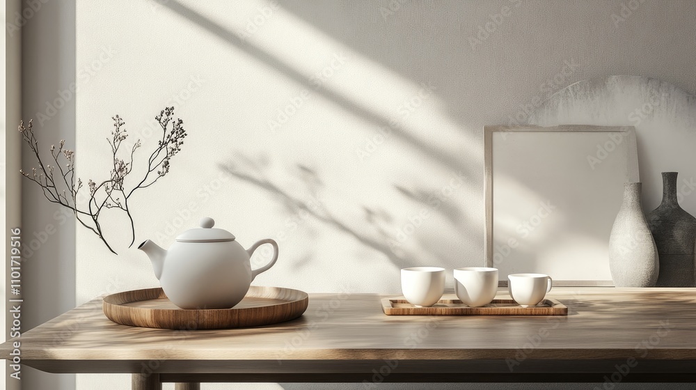 Serene still life featuring a teapot and teacups on a wooden table, accented by dried flowers and sunlight streaming through a window. A minimalist aesthetic.