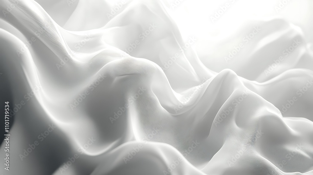 Obraz premium Abstract white fabric with soft folds and waves, illuminated by soft light, creating a luxurious and elegant texture.