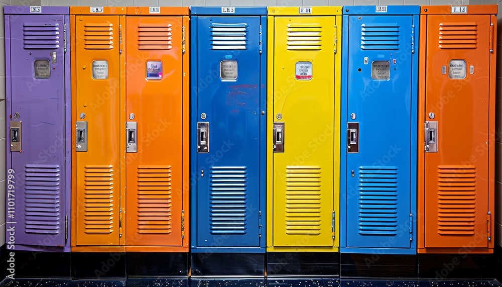 Colorful high school lockers lined up in a tranquil hallway, some doors ajar for variety Colorful high school lockers lined up in a tranquil hallway, some doors ajar for variety