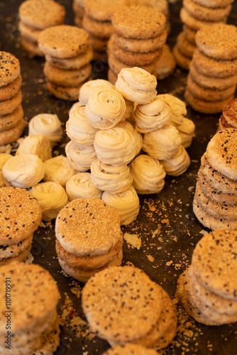 Longbeard crisp and sesame cake snack in Anren Ancient Town, Dayi County, Chengdu, Sichuan, China photo