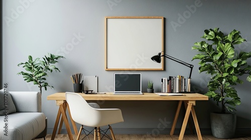 A minimalist home office with a light wooden desk, a laptop, and lush potted plants. The room is painted in a calming gray tone, creating a serene and productive workspace.