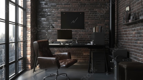 A modern, stylish home office with a dark brown leather chair, a computer setup, and a brick wall. The large window offers a city view.