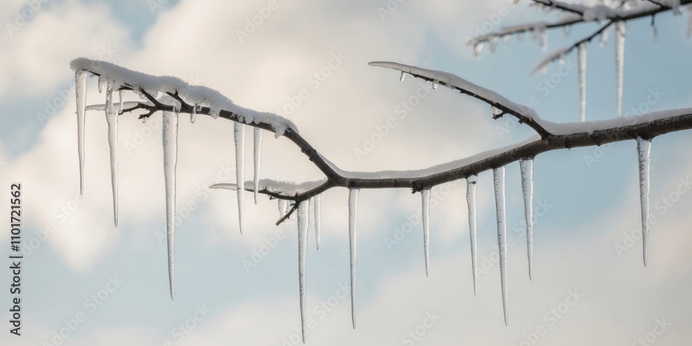 Fototapeta premium A branch covered in icicles hanging from it.