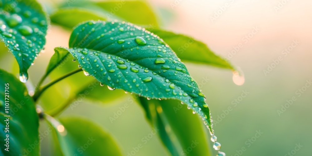 Obraz premium Fresh green leaves with dew drops in natural light.