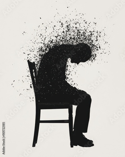 A silhouette of a person sitting on a chair, with a fragmented, dissolving effect, symbolizing emotional distress and mental struggle.