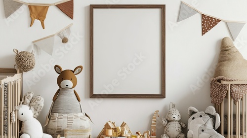Neutral-toned nursery decor with stuffed animals, wooden toys, and a large blank frame perfect for a personalized touch.  A cozy and playful space for a baby.