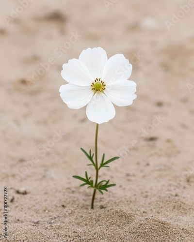 A delicate white flower stands alone on sandy soil, showcasing its beauty in a minimalist setting.