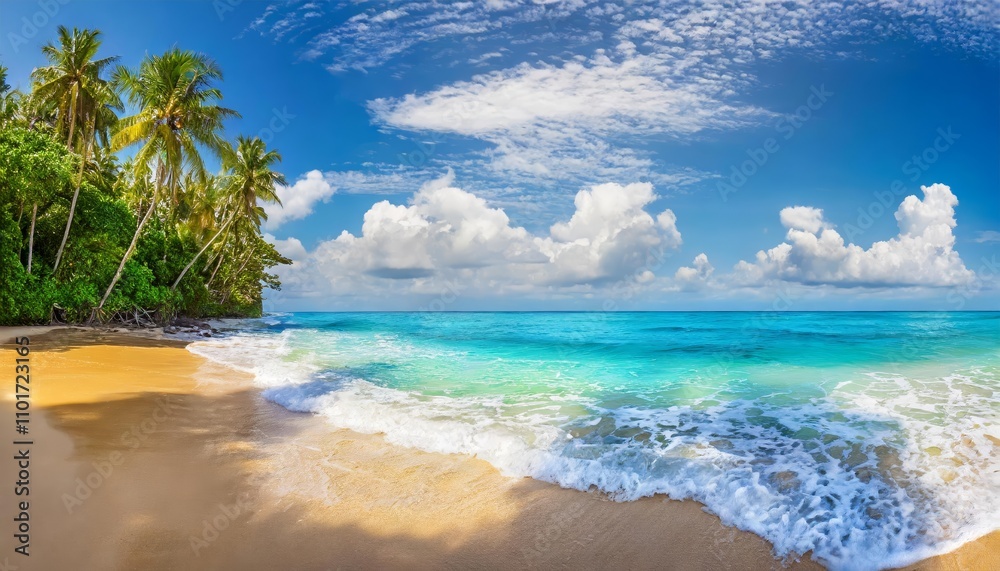 A breathtaking tropical beach panorama featuring a stunning seascape with a wide horizon, turquoise waters, soft white sand, lush palm trees, and the serene beauty of a tropical paradise in A breathtaking tropical beach panorama featuring a stunning seascape with a wide horizon, turquoise waters, soft white sand, lush palm trees, and the serene beauty of a tropical paradise in