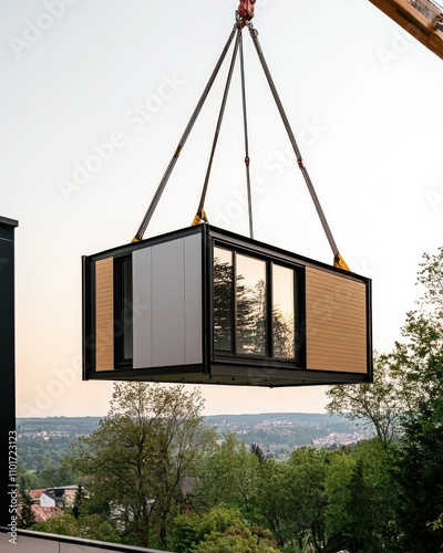 A modern glass structure is being lifted by a crane, showcasing a blend of architecture and nature against a scenic backdrop.