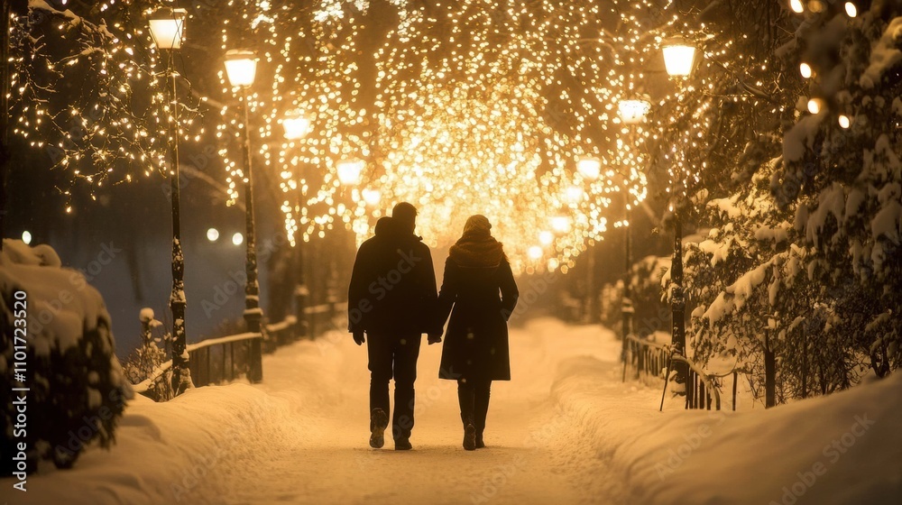 Romantic winter stroll under twinkling lights in snowy park