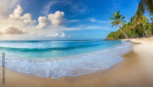 Breathtaking Tropical Beach Panorama with a Stunning Seascape, Capturing the Endless Horizon and the Beauty of Azure Waters Meeting the Sky, Perfectly Showcasing Natureâ€™s Coastal Splendor