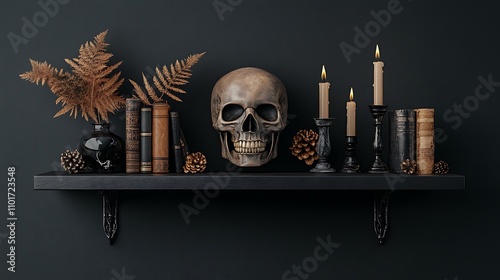 Dark Academia Still Life: Skull, Candles, and Books on a Gothic Shelf AI Generated photo