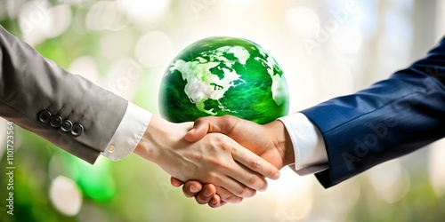 Business Handshake Global Partnerships Green Globe Overlay Environmental Finance Glossy Image
