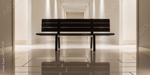 Elegant wooden bench in a modern hallway with sleek tile flooring. photo