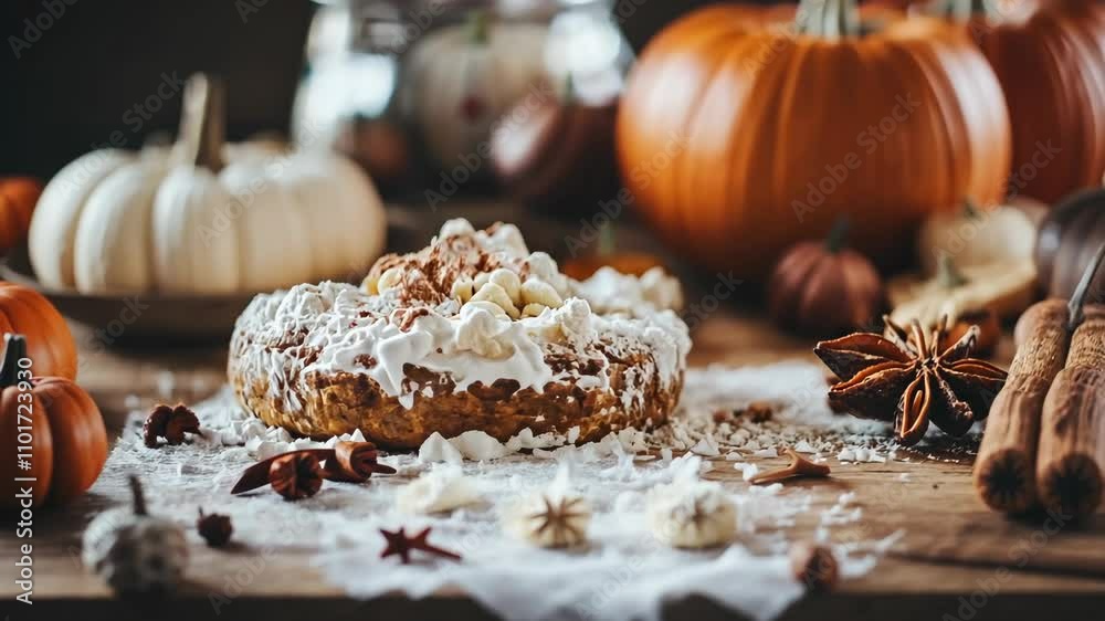 Savory autumn dessert surrounded by pumpkins and spices in a rustic kitchen setting Savory autumn dessert surrounded by pumpkins and spices in a rustic kitchen setting