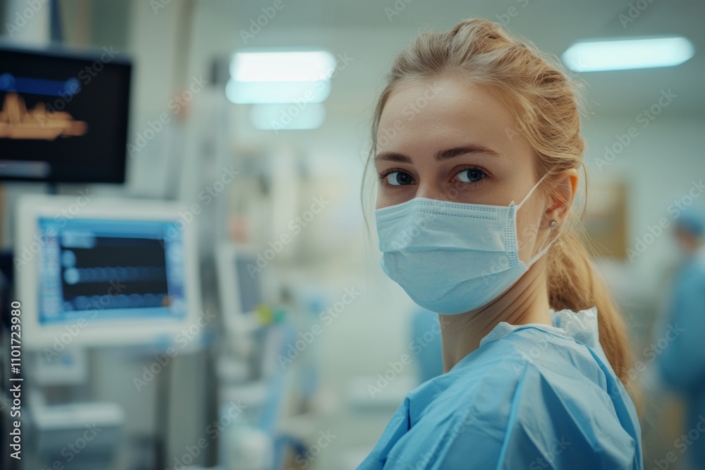 A dedicated healthcare worker wearing a mask and surgical gown focuses on patient care in a well-equipped medical facility during the day. The environment is bustling with activity A dedicated healthcare worker wearing a mask and surgical gown focuses on patient care in a well-equipped medical facility during the day. The environment is bustling with activity