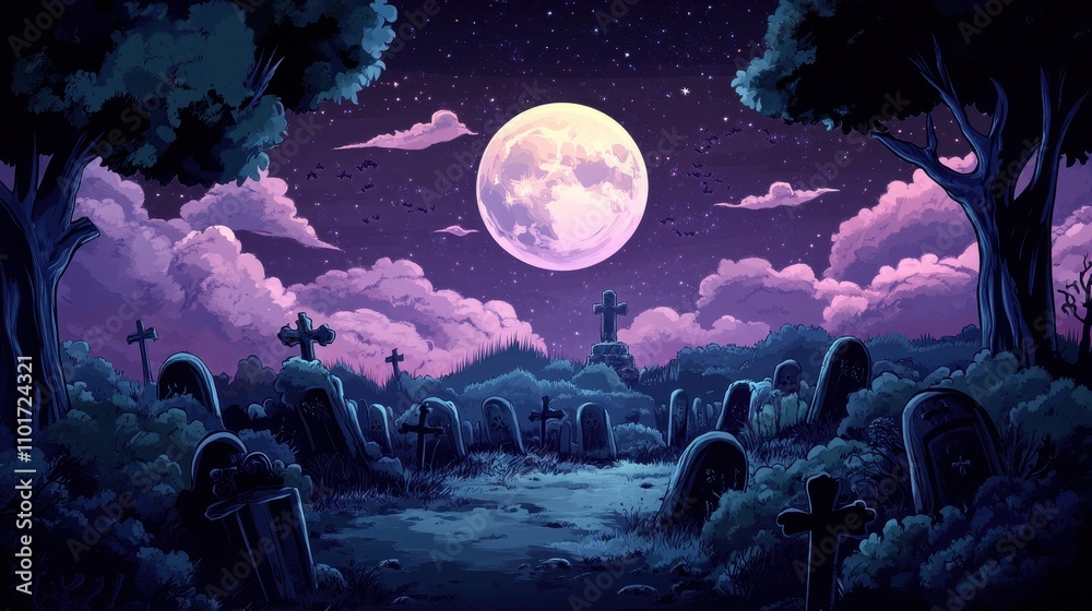 A spooky graveyard scene under a full moon, surrounded by trees and clouds. A spooky graveyard scene under a full moon, surrounded by trees and clouds.
