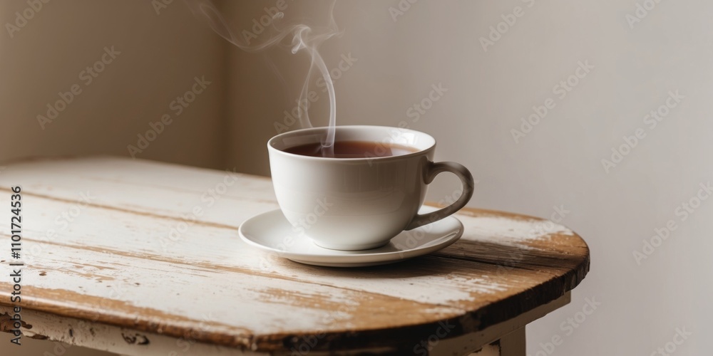 Warm elderberry tea steaming in a white cup on a wooden table with backlight.