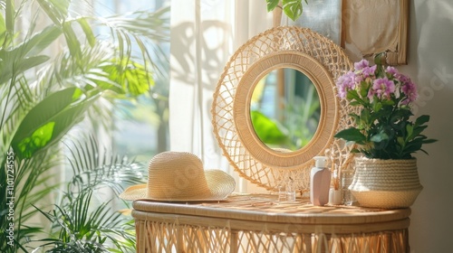 A sunlit vanity scene featuring a straw hat, a round rattan mirror, and potted flowers.  The setting evokes a calming, summery mood.