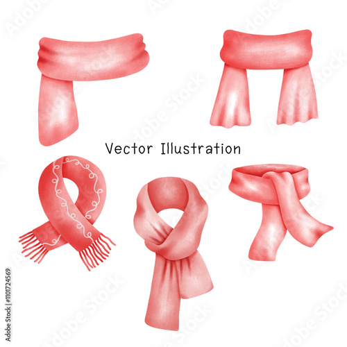 Set of red scarves and shawls in watercolor.