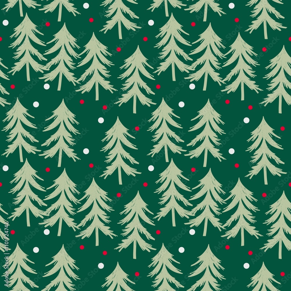 Obraz premium Seamless Pattern Pines Tree Forest. Background Green Forest With Snow White Red Holiday. Winter Pine Trees Repeat Illustration Fabric Motif. 
