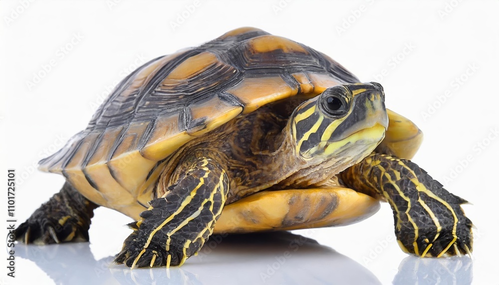 Adorable close-up of a turtle isolated on a pristine white background, showcasing intricate shell patterns and a charming natural posture for wildlife or educational purposes. Adorable close-up of a turtle isolated on a pristine white background, showcasing intricate shell patterns and a charming natural posture for wildlife or educational purposes.