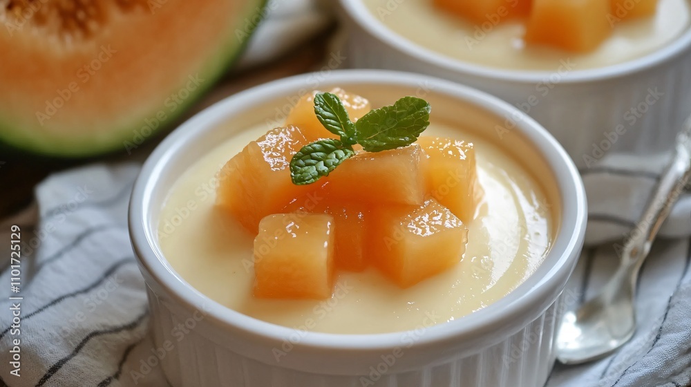 A muskmelon panna cotta in a ceramic ramekin, topped with caramelized muskmelon chunks A muskmelon panna cotta in a ceramic ramekin, topped with caramelized muskmelon chunks