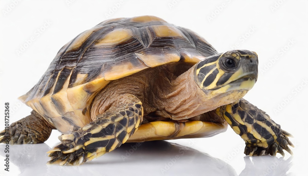 Vivid image of a turtle isolated on a clean white background, showcasing intricate details of its shell, head, and legs, ideal for educational, commercial, or design purposes in Vivid image of a turtle isolated on a clean white background, showcasing intricate details of its shell, head, and legs, ideal for educational, commercial, or design purposes in