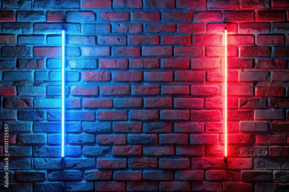 a brick wall with a red and blue light and a red and blue light